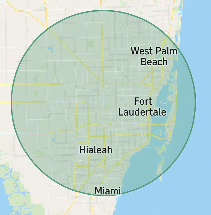 Junk removal service coverage map for Miami Lakes, Hialeah, and South Florida